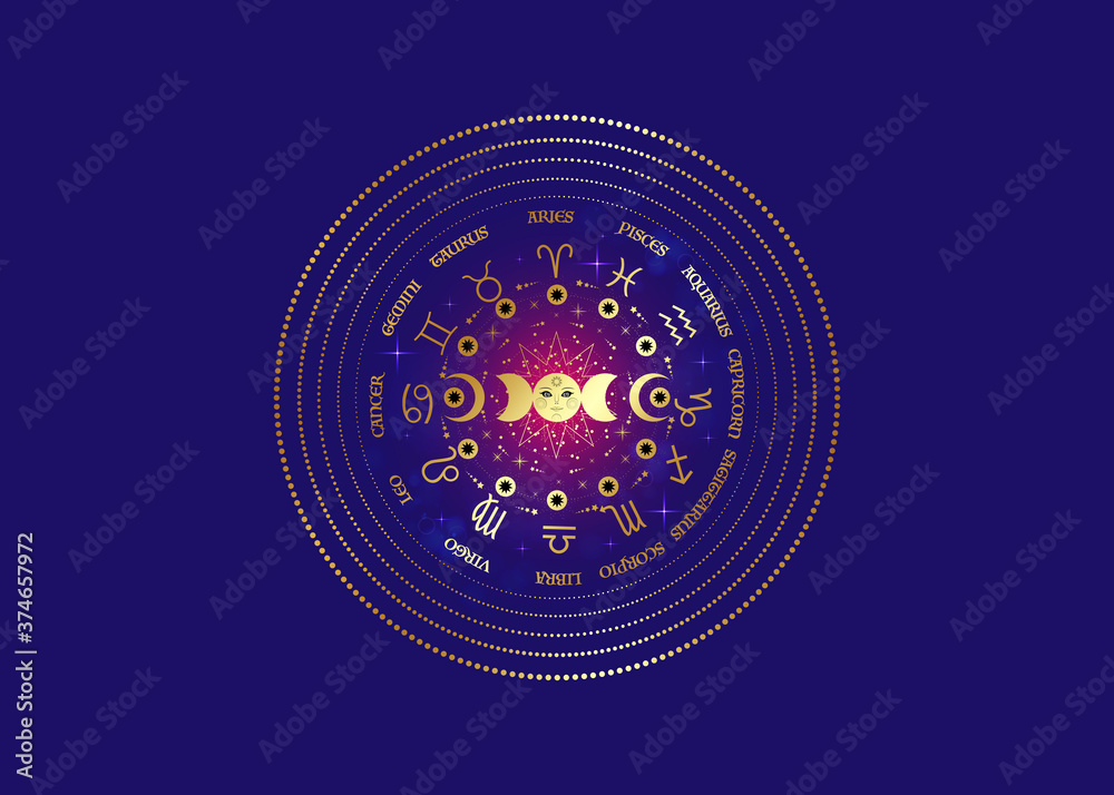Gold wheel of the zodiac signs and triple moon, pagan Wiccan goddess
