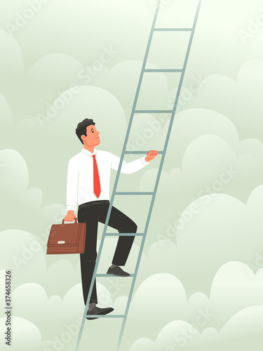 Concept of climbing the career ladder. Metaphop of conquering heights in business. The businessman