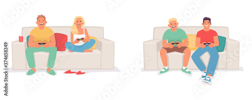 Set of characters playing video games on the console. Friends and a couple of young people are sitting on the couch