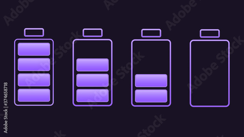 Set of neon battery charge level indicators. Vector illustration.