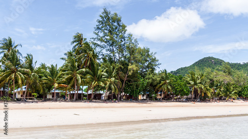 A tropical beach with palm trees on a sunny summer day. In the background is a jungle. (Thailand, 2016)