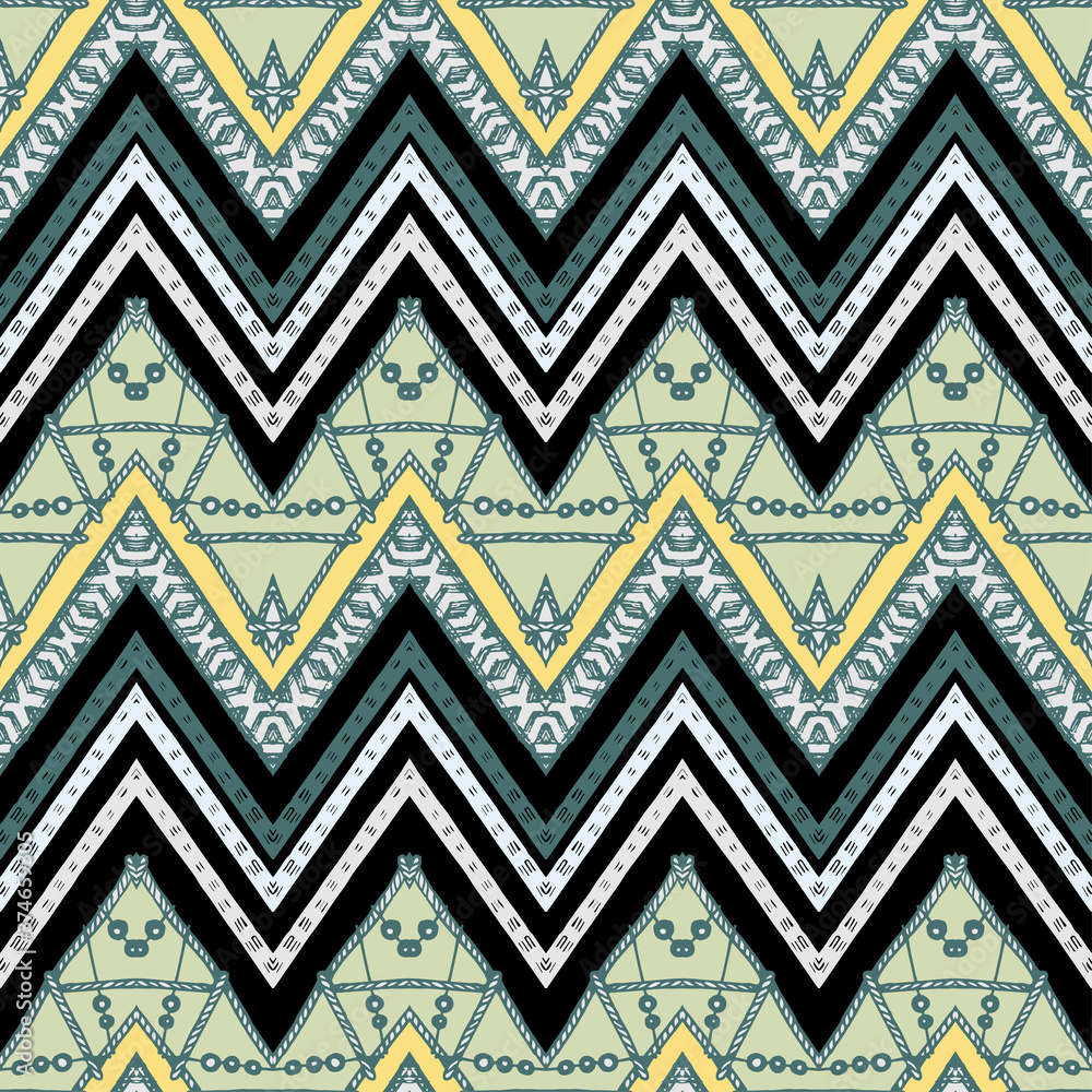 Seamless ethnic zigzag chevron pattern. Hand drawn colorful geometric background. Striped tribal motifs. Vector illustration Seamless ethnic zigzag chevron pattern. Hand drawn colorful geometric background. Striped tribal motifs. Vector illustration