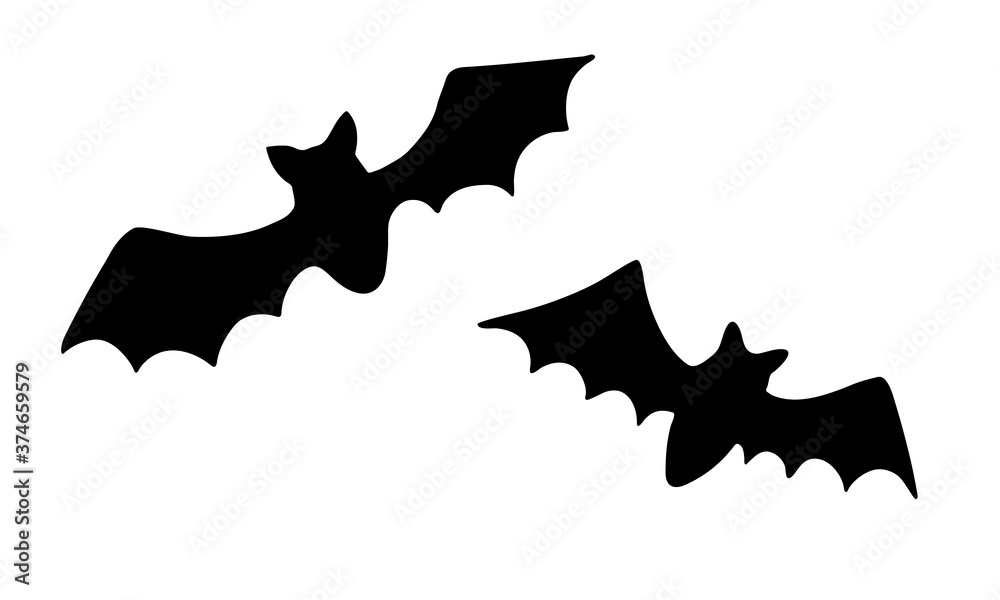 Silhouette of a flying bat with spread wings. Hand drawn flat black halloween and witch magic symbol. Cartoon style. Stock vector illustration isolated on white background.