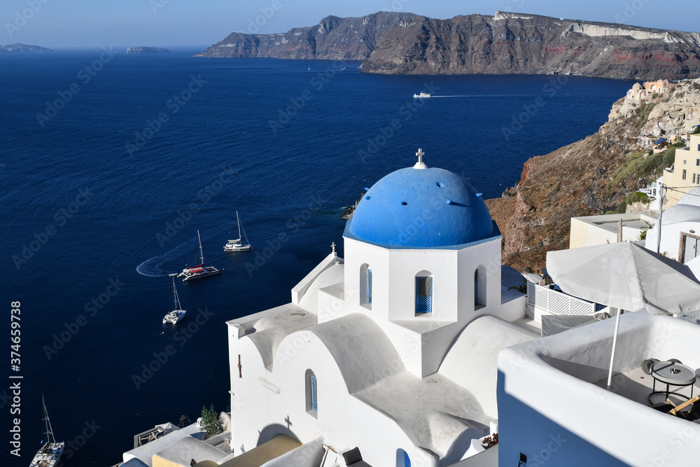 Blue domes of Santorini in Greece