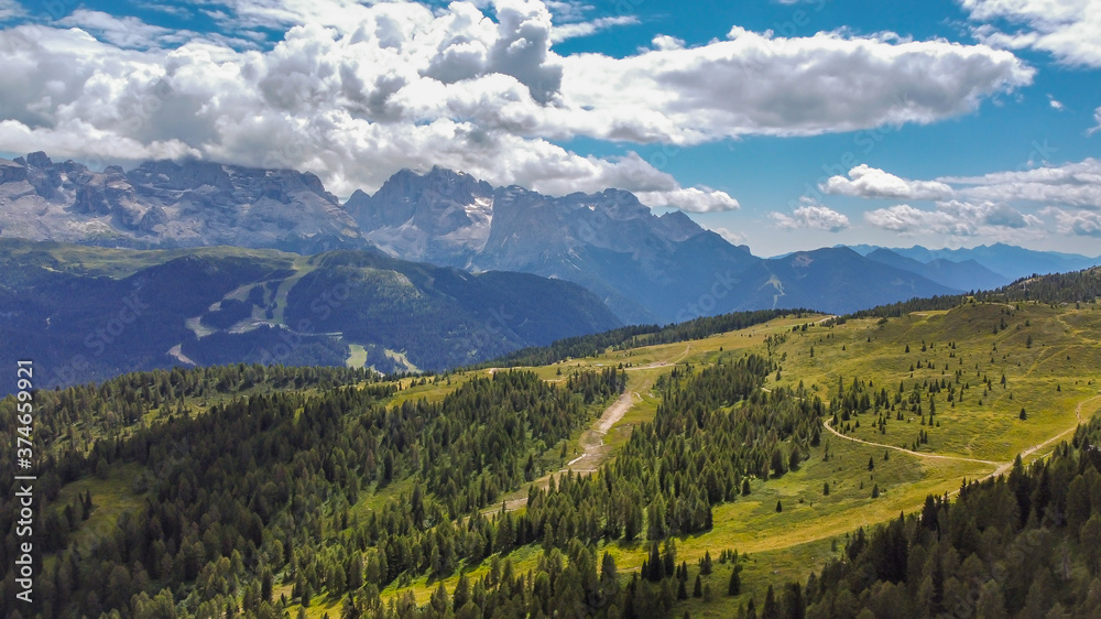 panoramic view of Sun Valley(  Sole Valley) from Malghette lake in summer, Trentino Alto Adige, northern Italy, Europe.