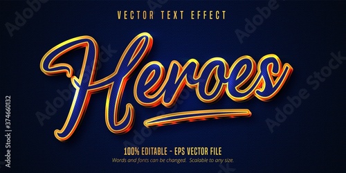 Heroes text, blue color and shiny gold style editable text effect