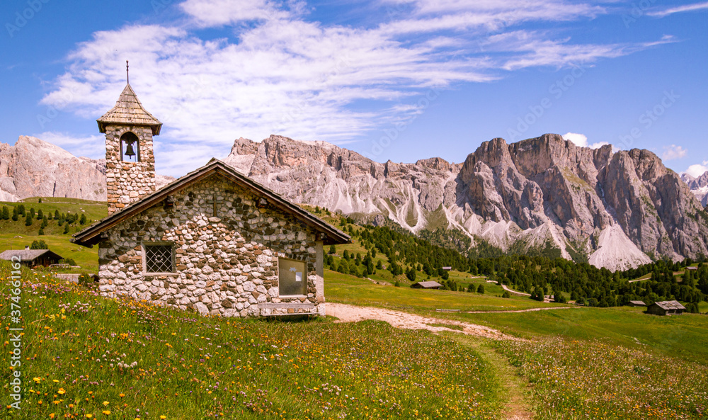 Sella group (Sellagruppe, gruppo del sella) mountain range seen from Alp Seceda in Dolomites UNESCO World Heritage in Val Gardena (Gröden), South Tyrol (Südtirol, Alto Adige), Italy