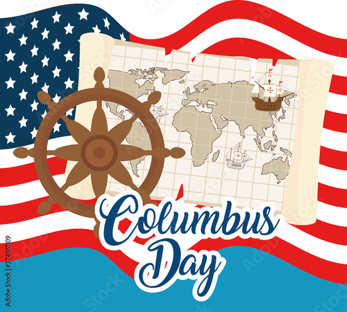 Columbus ship on world map and rudder in front of usa flag design of happy columbus day america and discovery theme Vector illustration