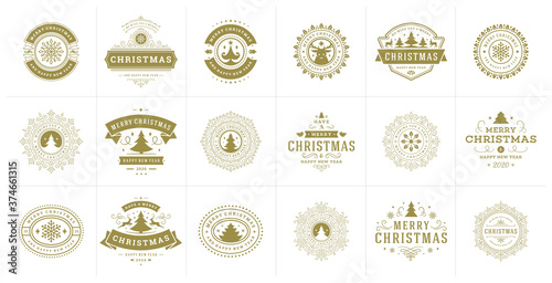Christmas vector typography ornate labels and badges, happy new year and winter holidays wishes for vector illustration