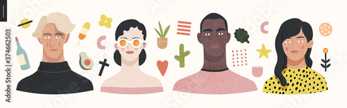 Beautiful people portrait -hand drawn flat style vector design concept illustration of a young people, men and women, face and shoulders avatar, surrounded by abstract elements. Flat style vector icon