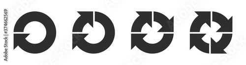 Set circle arrows pictogram refresh, reload, rotation. Four black arrow pictogram vector icon isolated on white background. Vector web design elements.