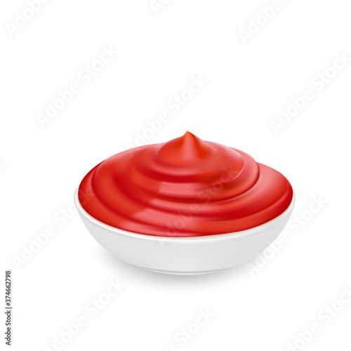Tomato sauce in white saucer on white background, tomato sauce, tasty food, vector illustration.