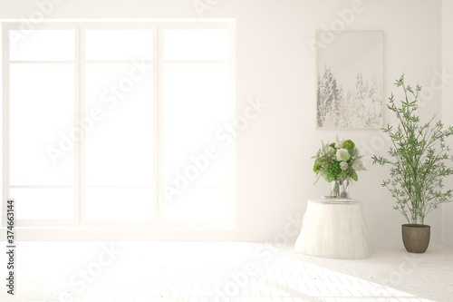 White minimalist empty room. Scandinavian interior design. 3D illustration