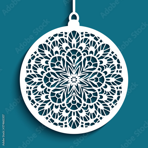 Christmas ornament with lace pattern, cutout paper bauble hanging on ribbon, round xmas decoration, swirly template for laser cutting.