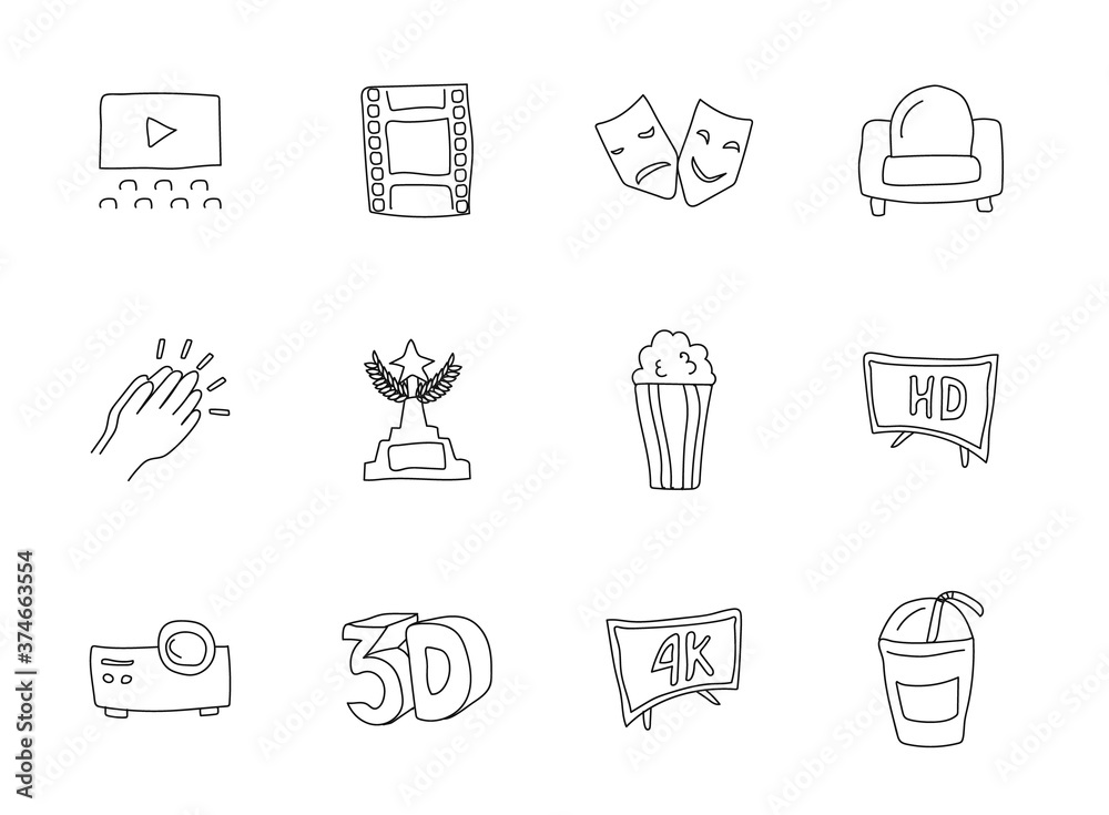 cinema and theater hand drawn linear vector icons isolated on white background. cinema and theater doodle icon set for web and ui design, mobile apps and print products