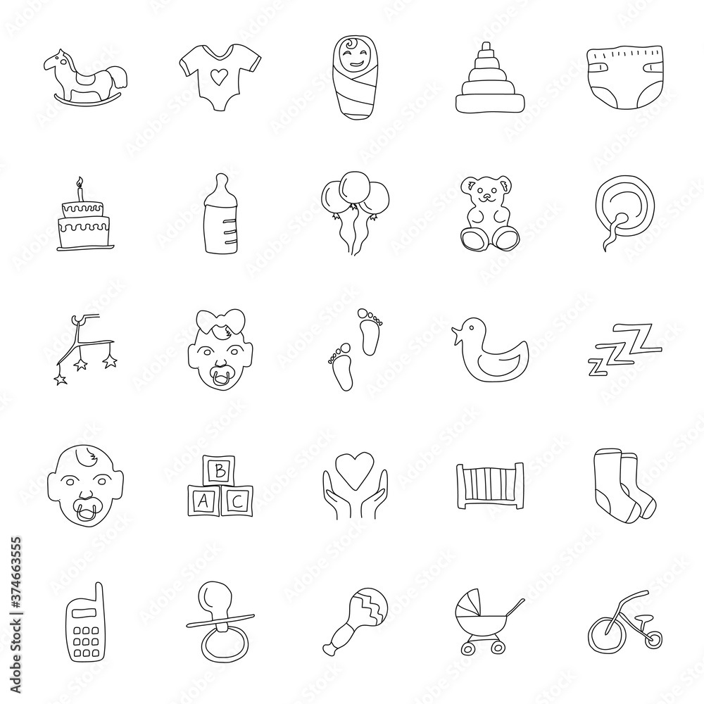 baby hand drawn linear doodles isolated on white background. baby icon set for web and ui design, mobile apps and print products