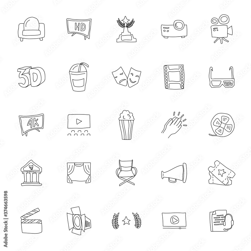 cinema and theater hand drawn linear doodles isolated on white background. cinema and theater icon set for web and ui design, mobile apps and print products