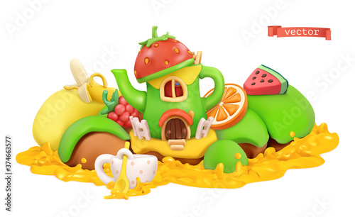Fairytale house. Sweet fruits. 3d vector cartoon illustration