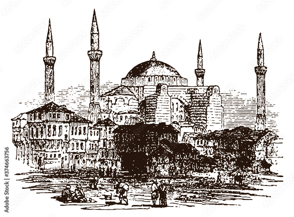 Exterior view of the historic Hagia Sophia in Istanbul, after an antique illustration from the 19th century