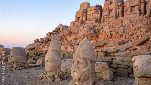stone carved statues at nemrut archaeology site in turkey