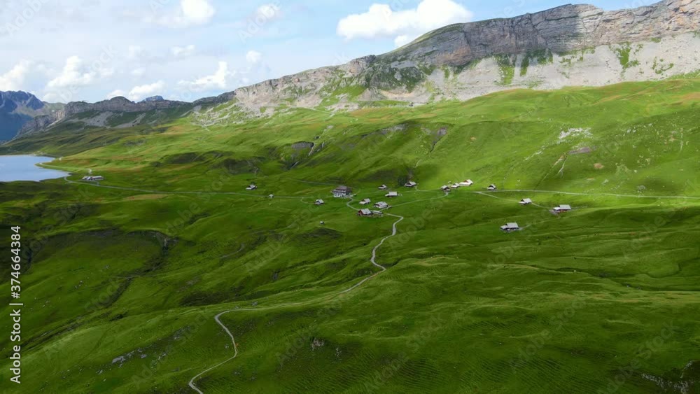 Popular vacation spot in the Swiss Alps - the Melchsee Frutt district in Switzerland - aerial view - travel photography Popular vacation spot in the Swiss Alps - the Melchsee Frutt district in Switzerland - aerial view - travel photography