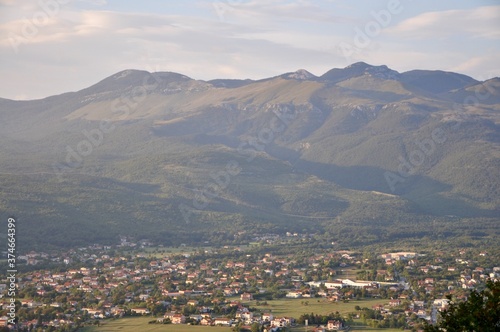 Grobnik field panorama and mountains in background. Mountain panorama view of landscape of Grobnik meadow.