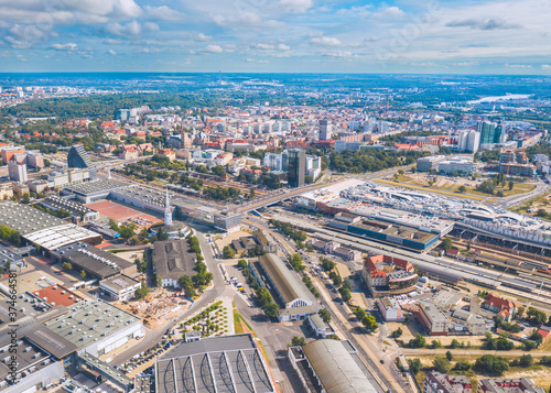 Aerial view over Poznan city center © uslatar