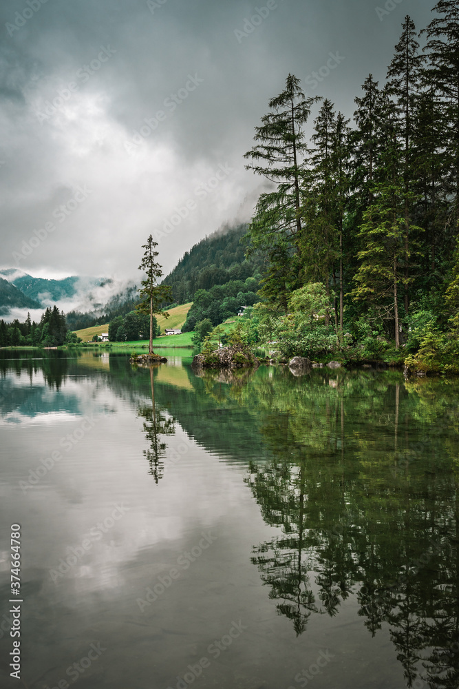Obraz premium Epische Stimmung mit Morgennebel am Hintersee im Berchtesgadener Land.