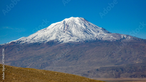 panoramic view of snow capped mount ararat mountain against blue sky in turkey