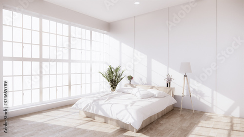 Bedroom decoration is open with design disc flap on the wood grain floor and decoration plants.3D rendering.