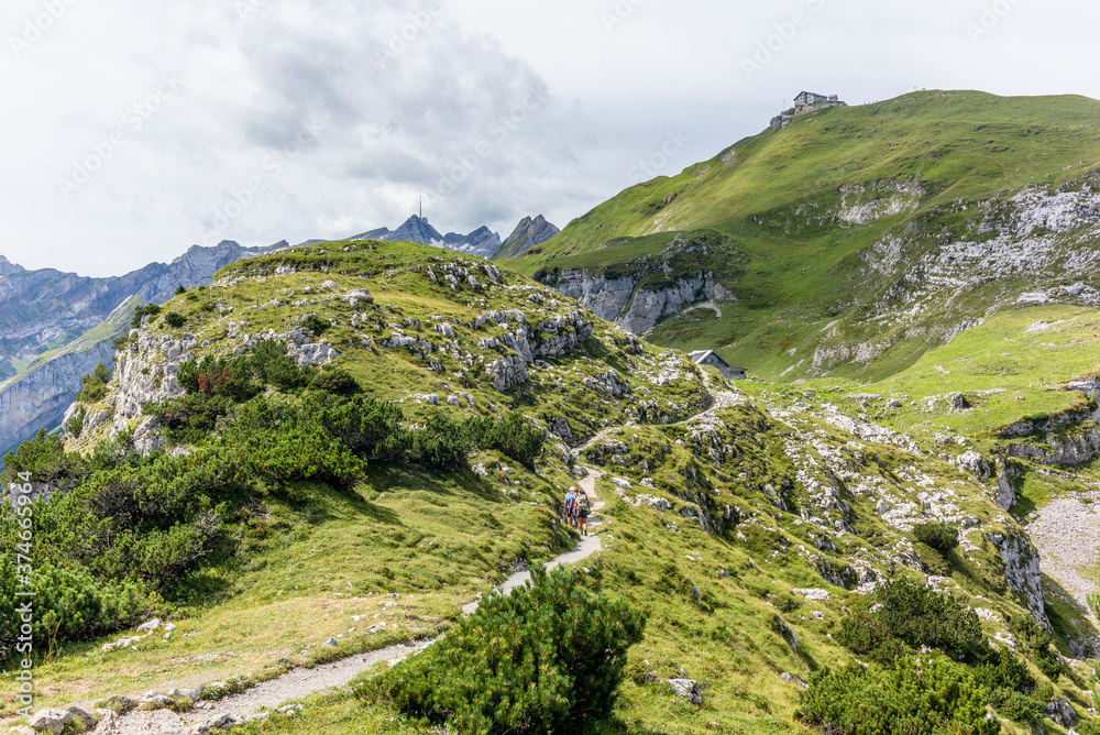 Fototapeta premium The steep path leading to the majestic Schaefler peak in the Alpstein mountain range around the Aescher cliff in Appenzell, Switzerland