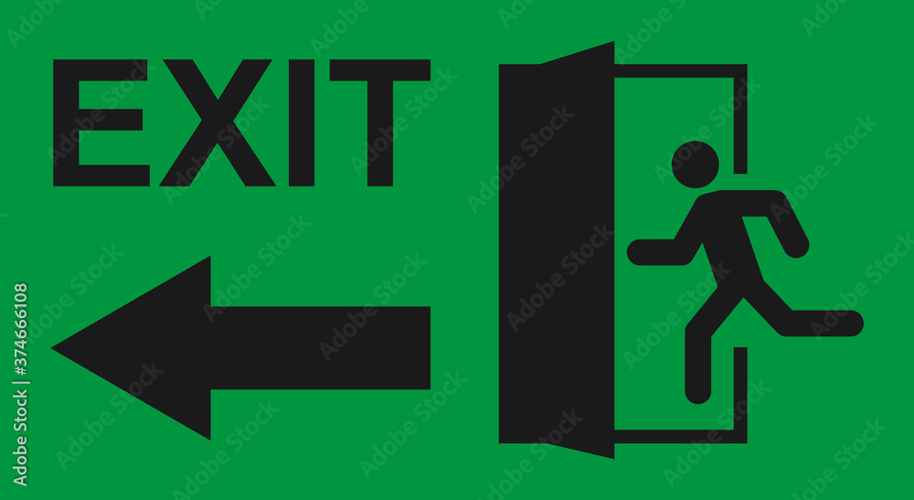 Running man and exit door sign. Vector icon, safety symbol. Escape help evacuation Running man and exit door sign. Vector icon, safety symbol. Escape help evacuation
