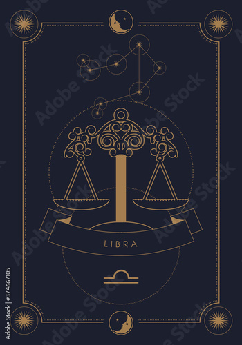 Astrological zodiac sign. Constellation and symbol. Poster illustration with moon and stars frame.