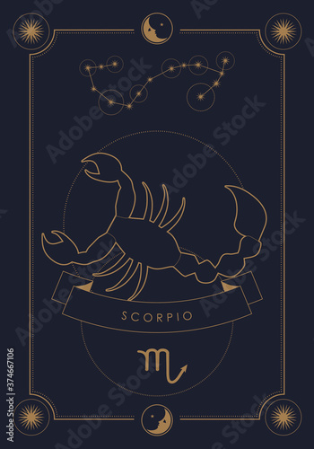 Astrological zodiac sign. Constellation and symbol. Poster illustration with moon and stars frame.
