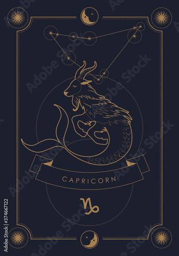 Astrological zodiac sign. Constellation and symbol. Poster illustration with moon and stars frame.