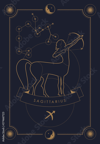 Astrological zodiac sign. Constellation and symbol. Poster illustration with moon and stars frame.