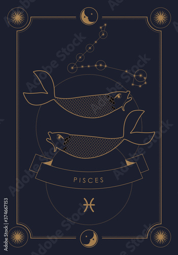 Astrological zodiac sign. Constellation and symbol. Poster illustration with moon and stars frame.