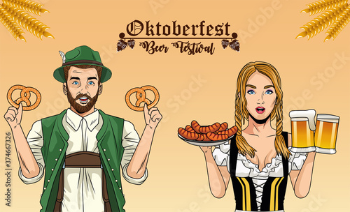 oktoberfest woman and man cartoon with traditional cloth beer glasses pretzels and sausages vector design