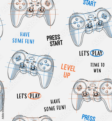 Vector Seamless pattern with joysticks gamepad  illustration and slogan text, for t-shirt prints and other uses.