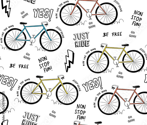Vector Seamless pattern with bicycle illustration and slogan text, for t-shirt prints and other uses.