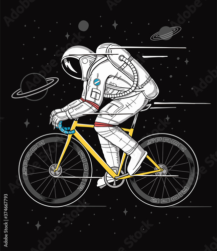 An astronaut riding bicycle in space. Space rider vector illustration for t-shirt prints posters and other uses.