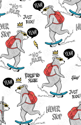 Cool bear skateboarding with slogan text seamless pattern for t-shirt prints and other uses.