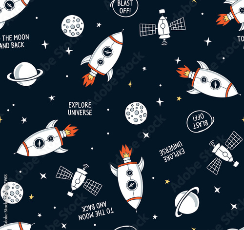 Hand drawn space elements seamless pattern. Space background. Space doodle illustration. Vector illustration. Seamless pattern with cartoon space rockets, planets, stars, slogans