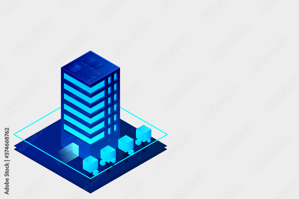 Fototapeta premium Smart city or intelligent building isometric vector concept. Modern smart city urban planning and development infrastructure buildings. Creative vector illustration on gradient background.