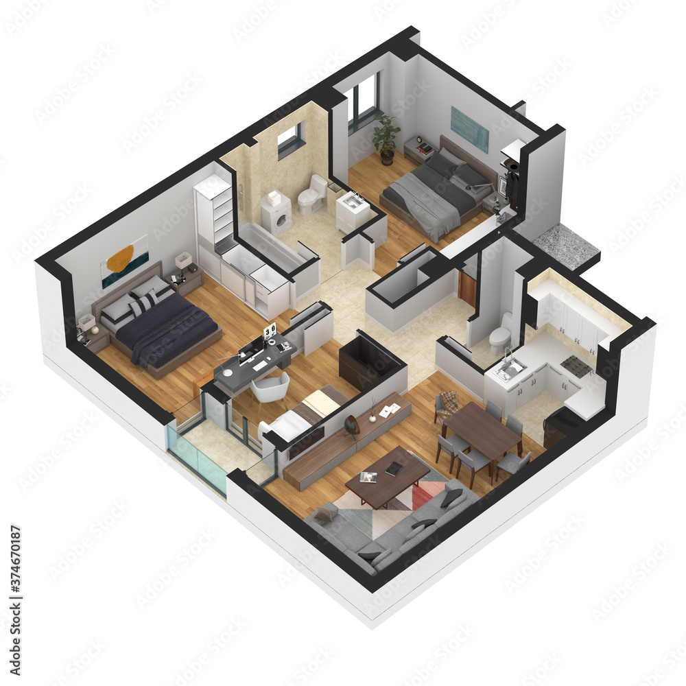 3d rendering of an isometric plan view of the apartment 3d rendering of an isometric plan view of the apartment