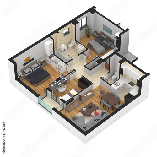 3d rendering of an isometric plan view of the apartment