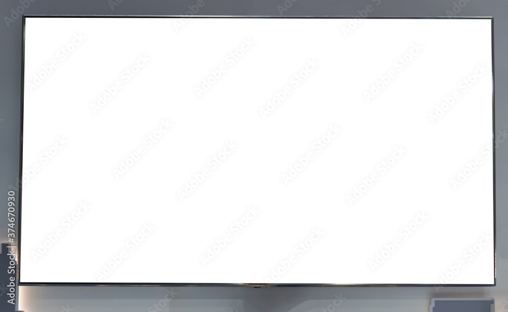 Blank wide lcd smart TV presentation at event convention exhibit trade show and booth in conference hall, white Mock up or white blank advertising background Blank wide lcd smart TV presentation at event convention exhibit trade show and booth in conference hall, white Mock up or white blank advertising background