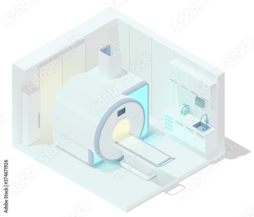 Vector isometric low poly MRI room interior with radiography equipment. Medical hospital or clinic MRI and tomography laboratory room. MRI scanner
