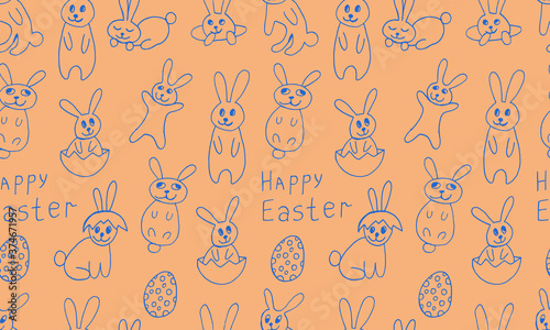 Cute Easter bunnies illustration. Hand drawn vector seamless pattern in doodle style. Festive characters with egg shell. Line art drawing