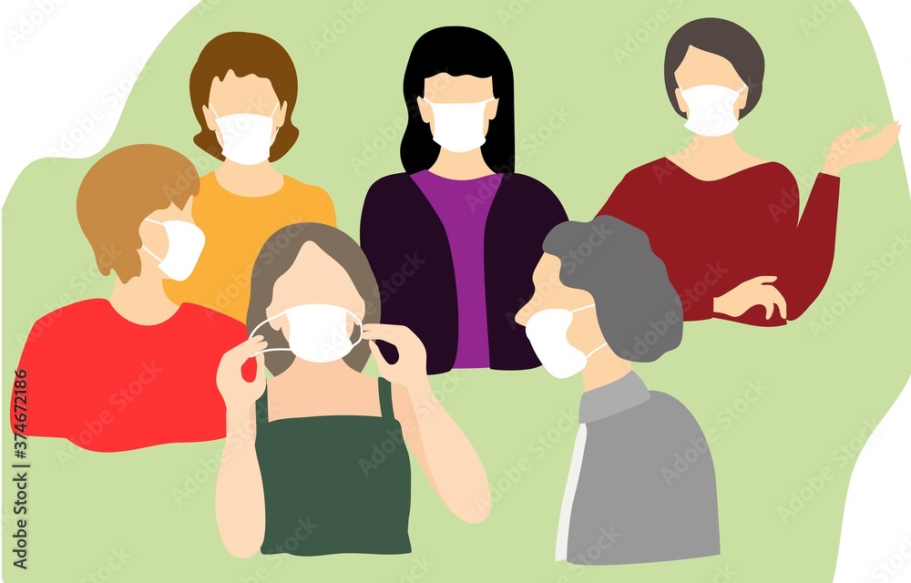 Fototapeta premium a group of people in medical masks. coronavirus, quarantine. color drawing by hand in the style of flat art.